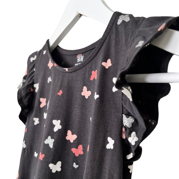 H&M Kids Butterfly Print Ruffle Sleeve Cotton Dress Black Silver Pink Sz 6X /7 - Picture 2 of 7